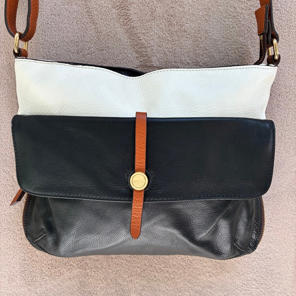 Danier Crossbody Bag Black, Tan & Cream Real Leather Timeless Vintage Neutral - Picture 2 of 16